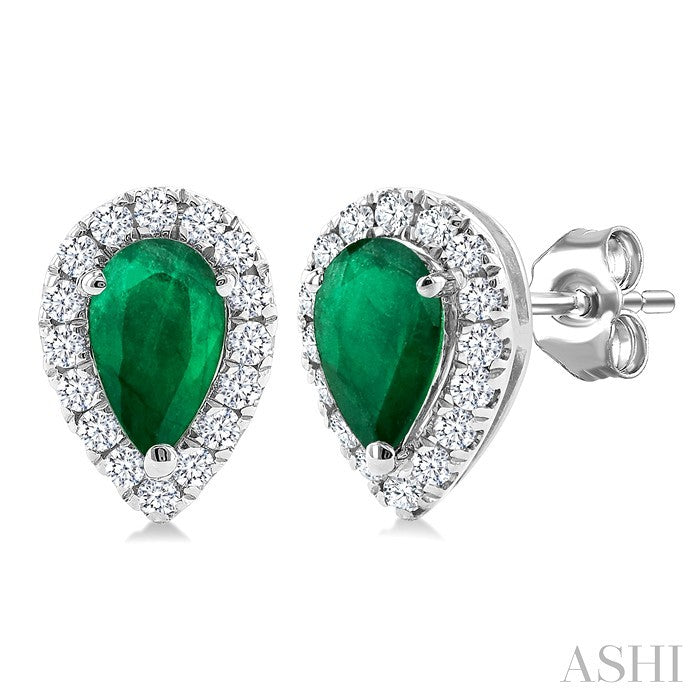 5x3 MM Pear Shape Emerald and 1/8 Ctw Round Cut Diamond Halo Precious Stud Earrings in 10K White Gold