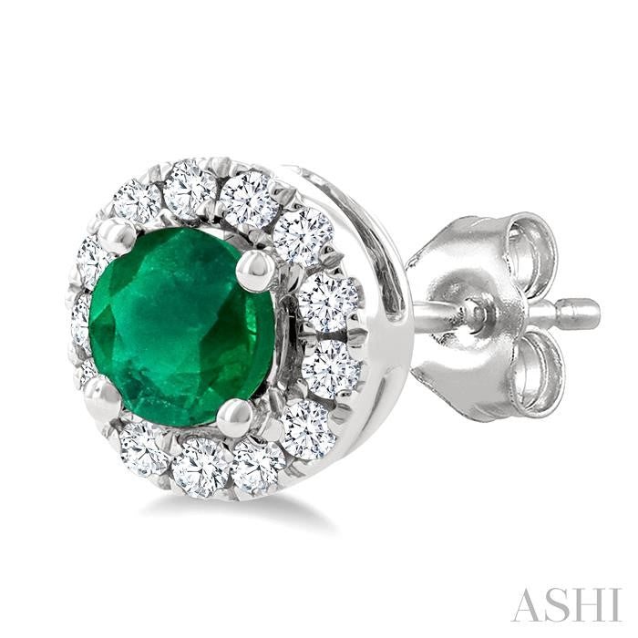 3.25 MM Round Emerald and 1/10 Ctw Round Cut Diamond Halo Precious Stud Earrings in 10K White Gold