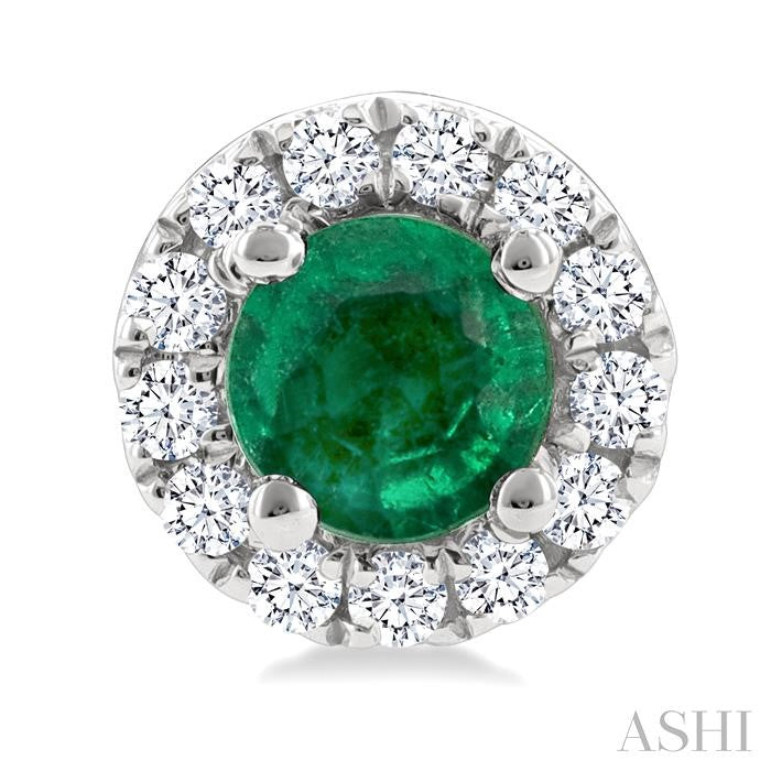 3.25 MM Round Emerald and 1/10 Ctw Round Cut Diamond Halo Precious Stud Earrings in 10K White Gold