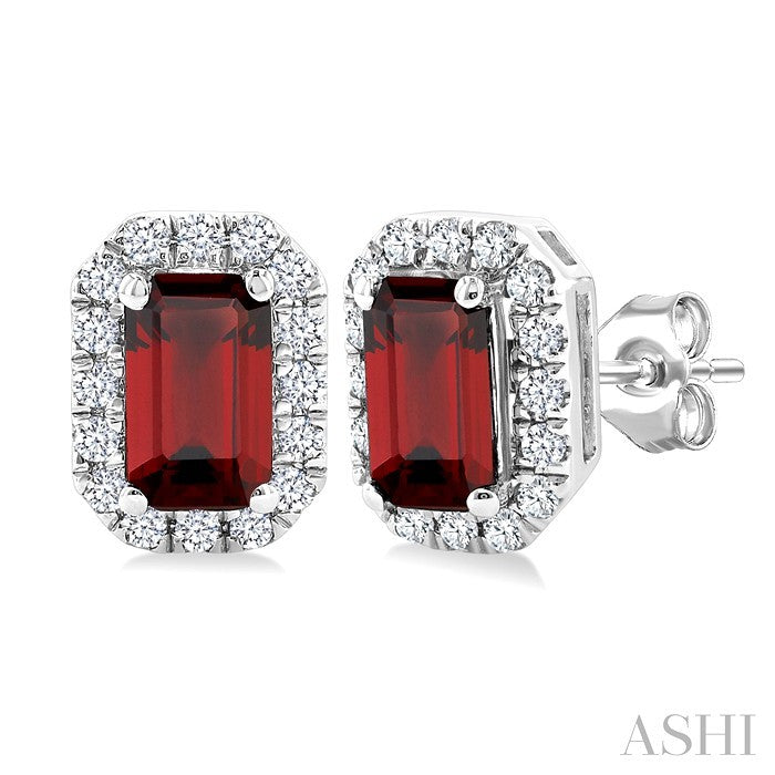 5x3 MM Octagonal Shape Garnet and 1/8 Ctw Round Cut Diamond Halo Semi-Precious Stud Earrings in 10K White Gold