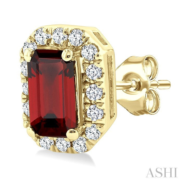 5x3 MM Octagonal Shape Garnet and 1/8 Ctw Round Cut Diamond Halo Semi-Precious Stud Earrings in 10K Yellow Gold
