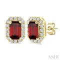 5x3 MM Octagonal Shape Garnet and 1/8 Ctw Round Cut Diamond Halo Semi-Precious Stud Earrings in 10K Yellow Gold