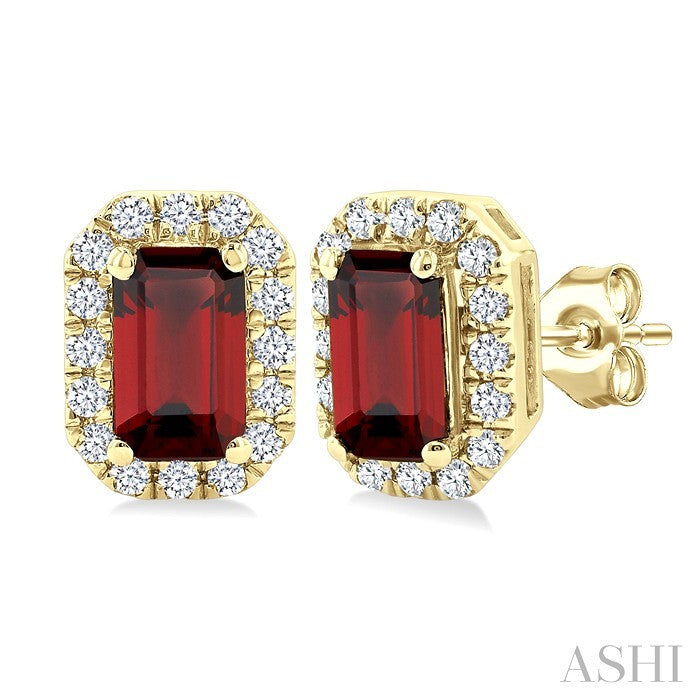 5x3 MM Octagonal Shape Garnet and 1/8 Ctw Round Cut Diamond Halo Semi-Precious Stud Earrings in 10K Yellow Gold