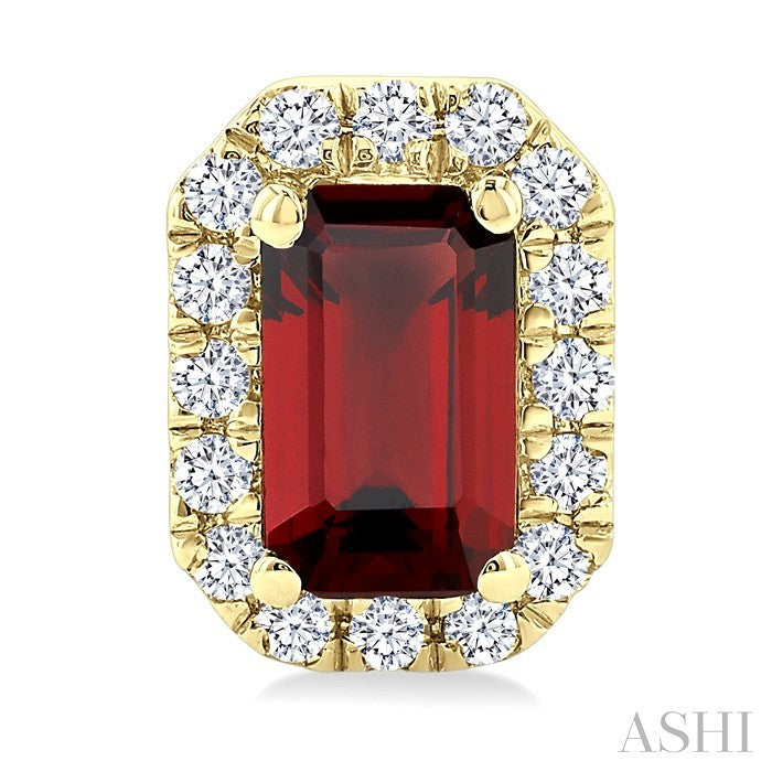 5x3 MM Octagonal Shape Garnet and 1/8 Ctw Round Cut Diamond Halo Semi-Precious Stud Earrings in 10K Yellow Gold