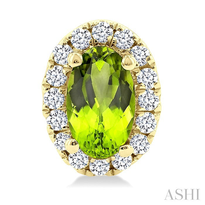 5x3 MM Oval Shape Peridot and 1/8 Ctw Round Cut Diamond Halo Semi-Precious Stud Earrings in 10K Yellow Gold