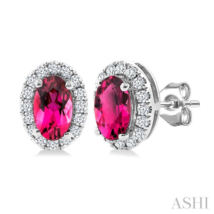 5x3 MM Oval Shape Pink Tourmaline and 1/8 Ctw Round Cut Diamond Halo Semi-Precious Stud Earrings in 10K White Gold