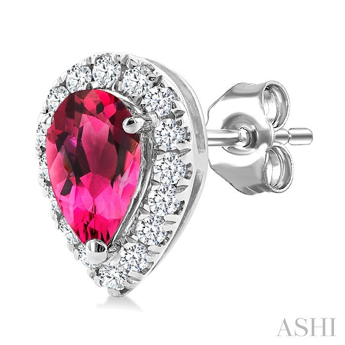 5x3 MM Pear Shape Pink Tourmaline and 1/8 Ctw Round Cut Diamond Halo Semi-Precious Stud Earrings in 10K White Gold