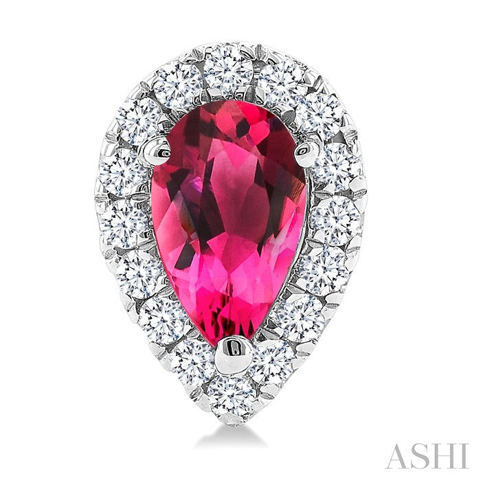 5x3 MM Pear Shape Pink Tourmaline and 1/8 Ctw Round Cut Diamond Halo Semi-Precious Stud Earrings in 10K White Gold
