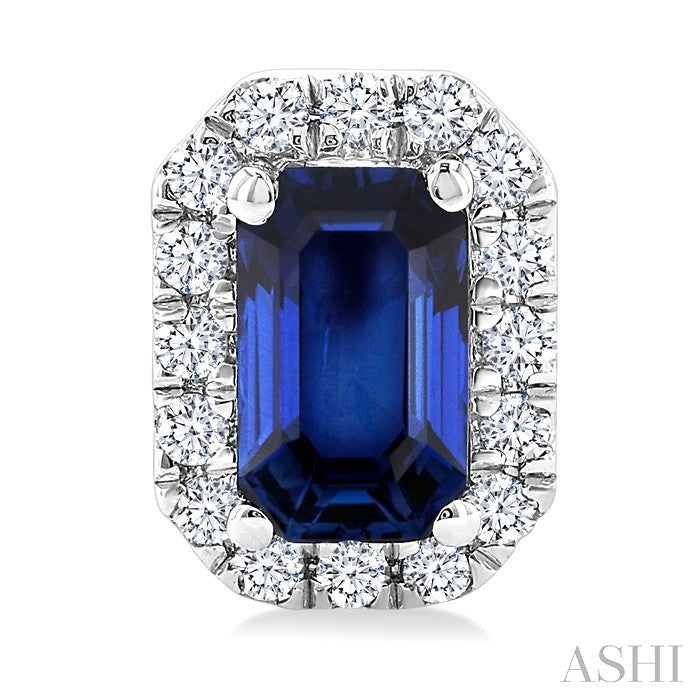 5x3 MM Octagonal Shape Sapphire and 1/8 Ctw Round Cut Diamond Halo Precious Stud Earrings in 10K White Gold