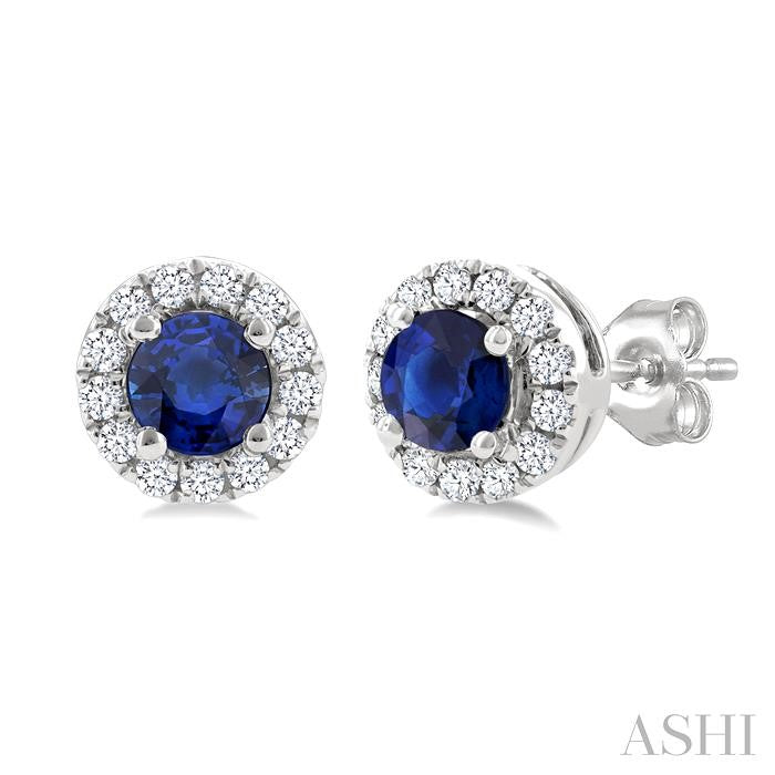 3.25 MM Round Sapphire and 1/10 Ctw Round Cut Diamond Halo Precious Stud Earrings in 10K White Gold