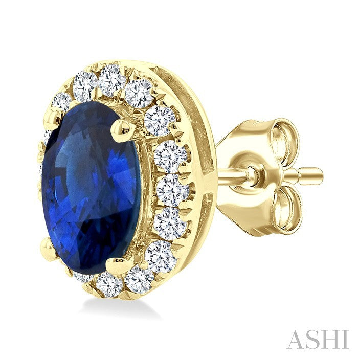 5x3 MM Oval Shape Sapphire and 1/8 Ctw Round Cut Diamond Halo Precious Stud Earrings in 10K Yellow Gold