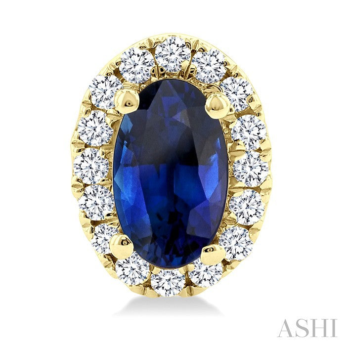 5x3 MM Oval Shape Sapphire and 1/8 Ctw Round Cut Diamond Halo Precious Stud Earrings in 10K Yellow Gold
