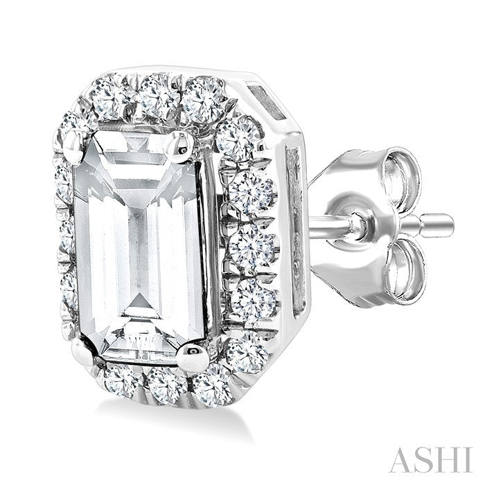 5x3 MM Octagonal Shape White Topaz and 1/8 Ctw Round Cut Diamond Halo Semi-Precious Stud Earrings in 10K White Gold