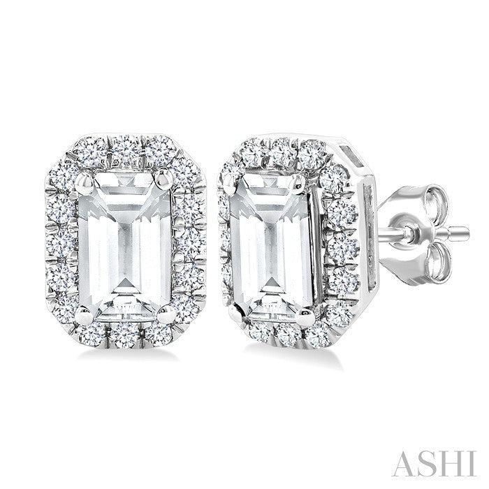 5x3 MM Octagonal Shape White Topaz and 1/8 Ctw Round Cut Diamond Halo Semi-Precious Stud Earrings in 10K White Gold