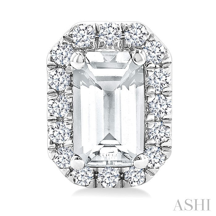 5x3 MM Octagonal Shape White Topaz and 1/8 Ctw Round Cut Diamond Halo Semi-Precious Stud Earrings in 10K White Gold
