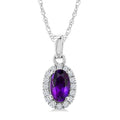 5x3 MM Oval Shape Amethyst and 1/20 Ctw Round Cut Diamond Halo Semi-Precious Pendant with Chain in 14K White Gold