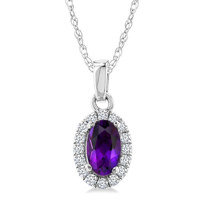 5x3 MM Oval Shape Amethyst and 1/20 Ctw Round Cut Diamond Halo Semi-Precious Pendant with Chain in 14K White Gold