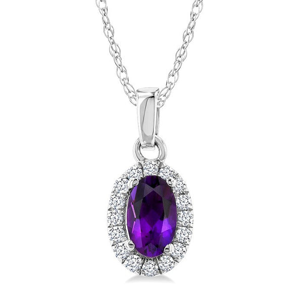 5x3 MM Oval Shape Amethyst and 1/20 Ctw Round Cut Diamond Halo Semi-Precious Pendant with Chain in 14K White Gold