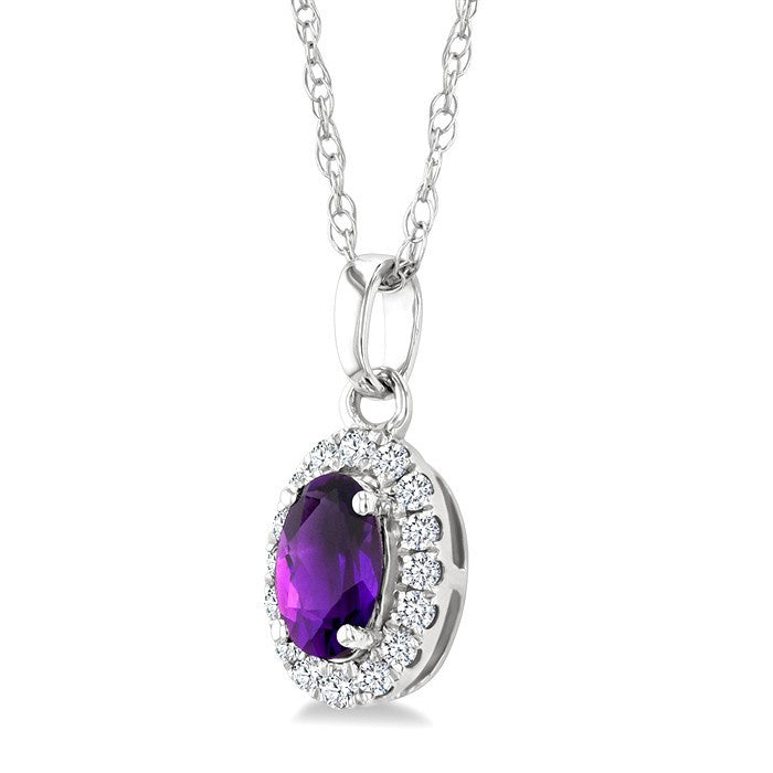 5x3 MM Oval Shape Amethyst and 1/20 Ctw Round Cut Diamond Halo Semi-Precious Pendant with Chain in 14K White Gold
