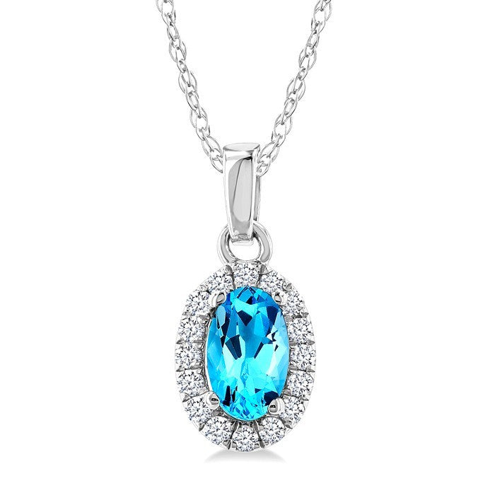5x3 MM Oval Shape Blue Topaz and 1/20 Ctw Round Cut Diamond Halo Semi-Precious Pendant with Chain in 14K White Gold