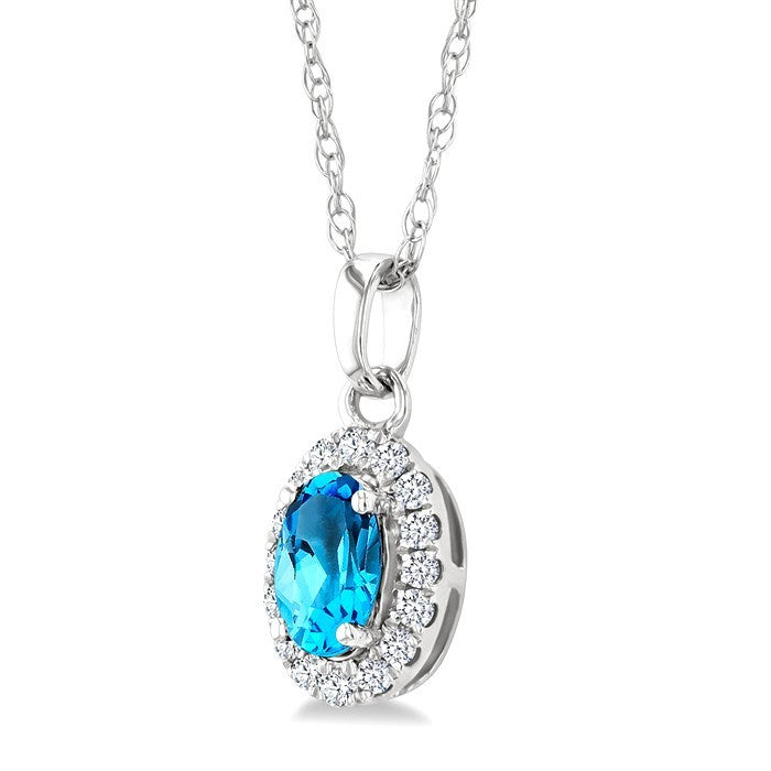 5x3 MM Oval Shape Blue Topaz and 1/20 Ctw Round Cut Diamond Halo Semi-Precious Pendant with Chain in 14K White Gold