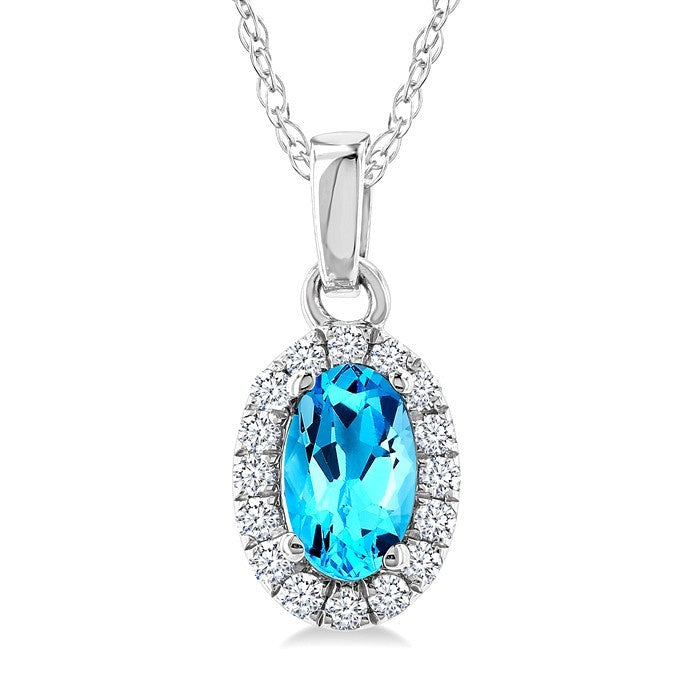5x3 MM Oval Shape Blue Topaz and 1/20 Ctw Round Cut Diamond Halo Semi-Precious Pendant with Chain in 14K White Gold