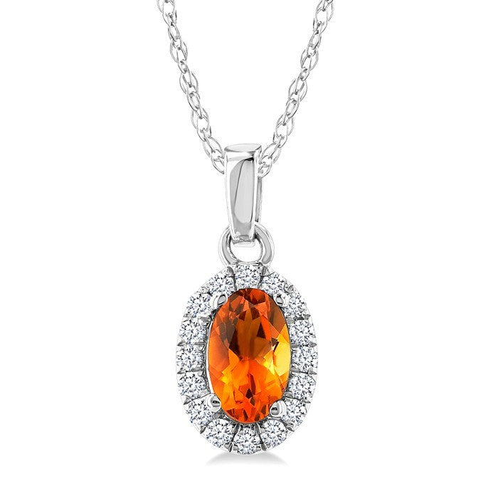 5x3 MM Oval Shape Citrine and 1/20 Ctw Round Cut Diamond Halo Semi-Precious Pendant with Chain in 14K White Gold