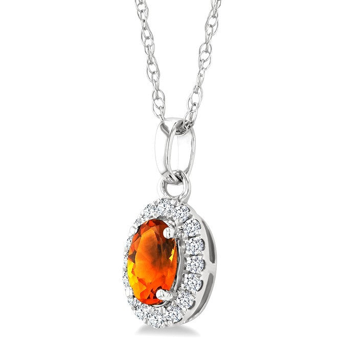 5x3 MM Oval Shape Citrine and 1/20 Ctw Round Cut Diamond Halo Semi-Precious Pendant with Chain in 14K White Gold