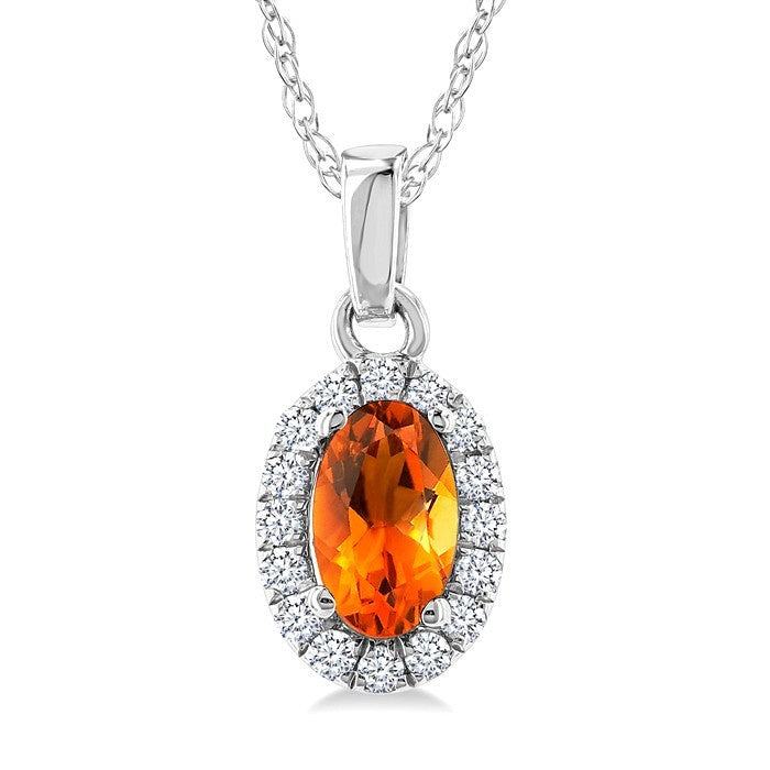 5x3 MM Oval Shape Citrine and 1/20 Ctw Round Cut Diamond Halo Semi-Precious Pendant with Chain in 14K White Gold