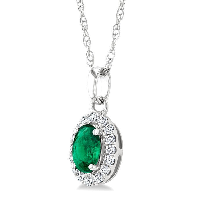 5x3 MM Oval Shape Emerald and 1/20 Ctw Round Cut Diamond Halo Precious Pendant with Chain in 14K White Gold