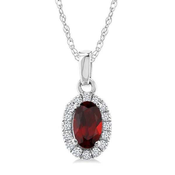 5x3 MM Oval Shape Garnet and 1/20 Ctw Round Cut Diamond Halo Semi-Precious Pendant with Chain in 14K White Gold