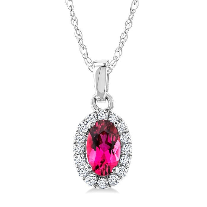 5x3 MM Oval Shape Pink Tourmaline and 1/20 Ctw Round Cut Diamond Halo Semi-Precious Pendant with Chain in 14K White Gold