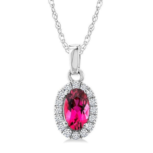 5x3 MM Oval Shape Pink Tourmaline and 1/20 Ctw Round Cut Diamond Halo Semi-Precious Pendant with Chain in 14K White Gold