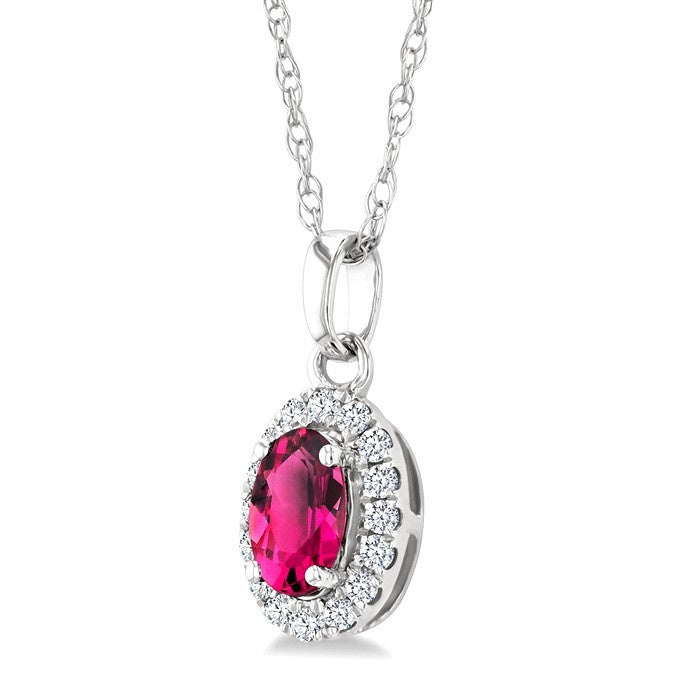 5x3 MM Oval Shape Pink Tourmaline and 1/20 Ctw Round Cut Diamond Halo Semi-Precious Pendant with Chain in 14K White Gold