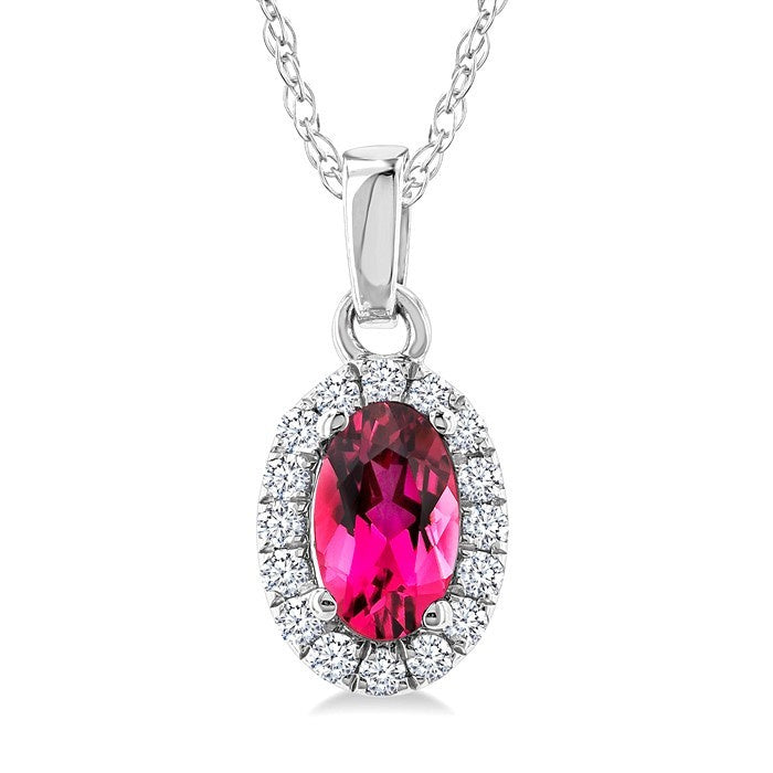 5x3 MM Oval Shape Pink Tourmaline and 1/20 Ctw Round Cut Diamond Halo Semi-Precious Pendant with Chain in 14K White Gold