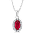 5x3 MM Oval Shape Ruby and 1/20 Ctw Round Cut Diamond Halo Precious Pendant with Chain in 14K White Gold