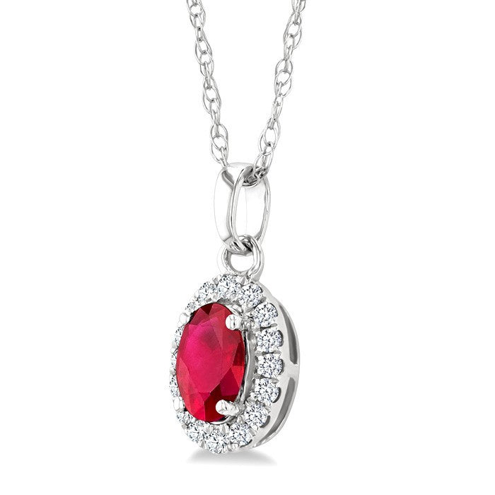 5x3 MM Oval Shape Ruby and 1/20 Ctw Round Cut Diamond Halo Precious Pendant with Chain in 14K White Gold