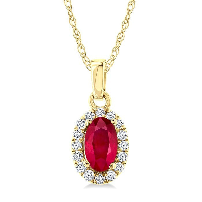 5x3 MM Oval Shape Ruby and 1/20 Ctw Round Cut Diamond Halo Precious Pendant with Chain in 14K Yellow Gold