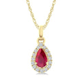 5x3 MM Pear Shape Ruby and 1/20 Ctw Round Cut Diamond Halo Precious Pendant with Chain in 14K Yellow Gold