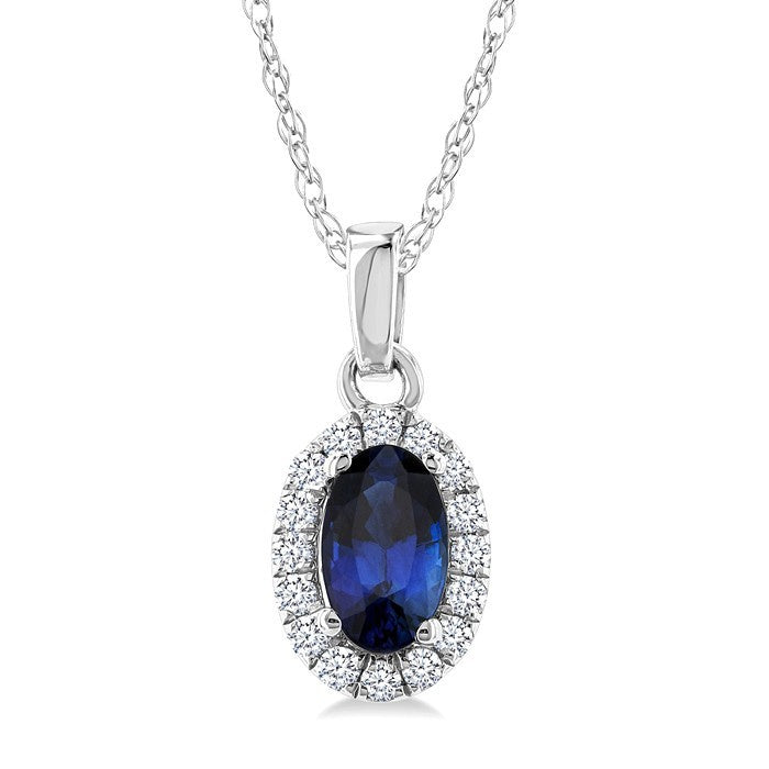 5x3 MM Oval Shape Sapphire and 1/20 Ctw Round Cut Diamond Halo Precious Pendant with Chain in 14K White Gold
