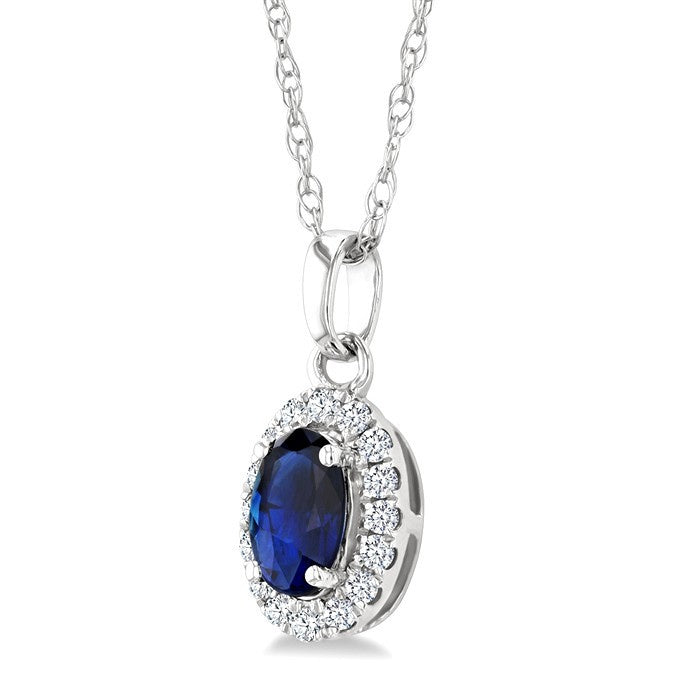 5x3 MM Oval Shape Sapphire and 1/20 Ctw Round Cut Diamond Halo Precious Pendant with Chain in 14K White Gold