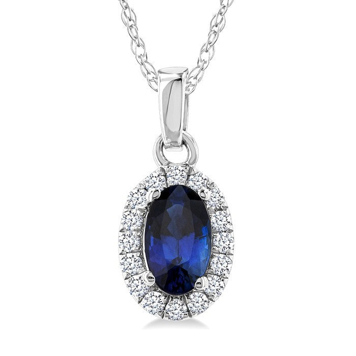 5x3 MM Oval Shape Sapphire and 1/20 Ctw Round Cut Diamond Halo Precious Pendant with Chain in 14K White Gold