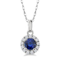 3.25 MM Round Sapphire and 1/20 Ctw Round Cut Diamond Halo Precious Pendant with Chain in 14K White Gold