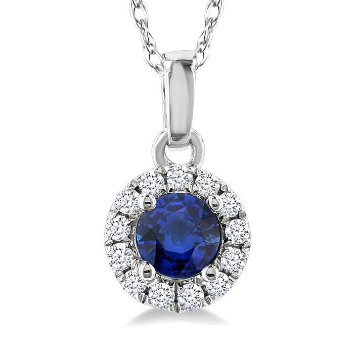 3.25 MM Round Sapphire and 1/20 Ctw Round Cut Diamond Halo Precious Pendant with Chain in 14K White Gold