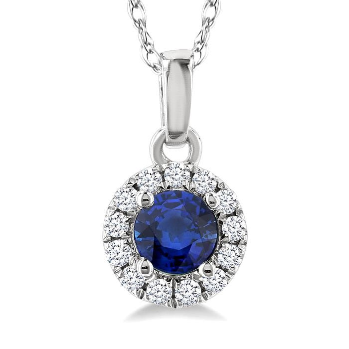 3.25 MM Round Sapphire and 1/20 Ctw Round Cut Diamond Halo Precious Pendant with Chain in 14K White Gold