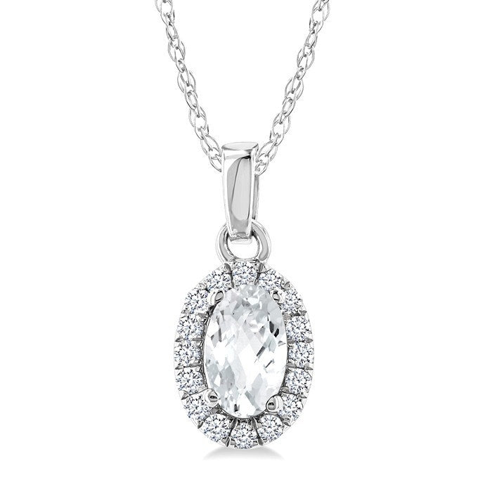 5x3 MM Oval Shape White Topaz and 1/20 Ctw Round Cut Diamond Halo Semi-Precious Pendant with Chain in 14K White Gold