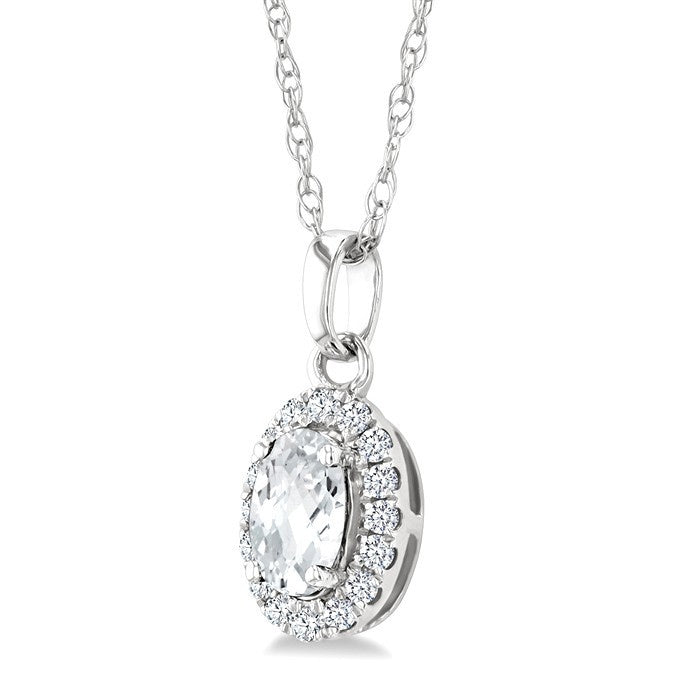 5x3 MM Oval Shape White Topaz and 1/20 Ctw Round Cut Diamond Halo Semi-Precious Pendant with Chain in 14K White Gold