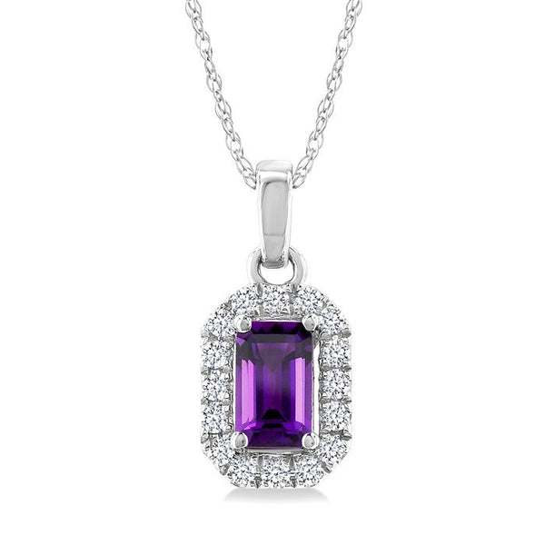5x3 MM Octagonal Shape Amethyst and 1/20 Ctw Round Cut Diamond Halo Semi-Precious Pendant with Chain in 10K White Gold