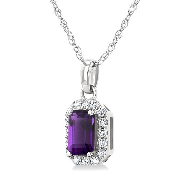 5x3 MM Octagonal Shape Amethyst and 1/20 Ctw Round Cut Diamond Halo Semi-Precious Pendant with Chain in 10K White Gold