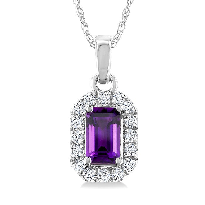 5x3 MM Octagonal Shape Amethyst and 1/20 Ctw Round Cut Diamond Halo Semi-Precious Pendant with Chain in 10K White Gold